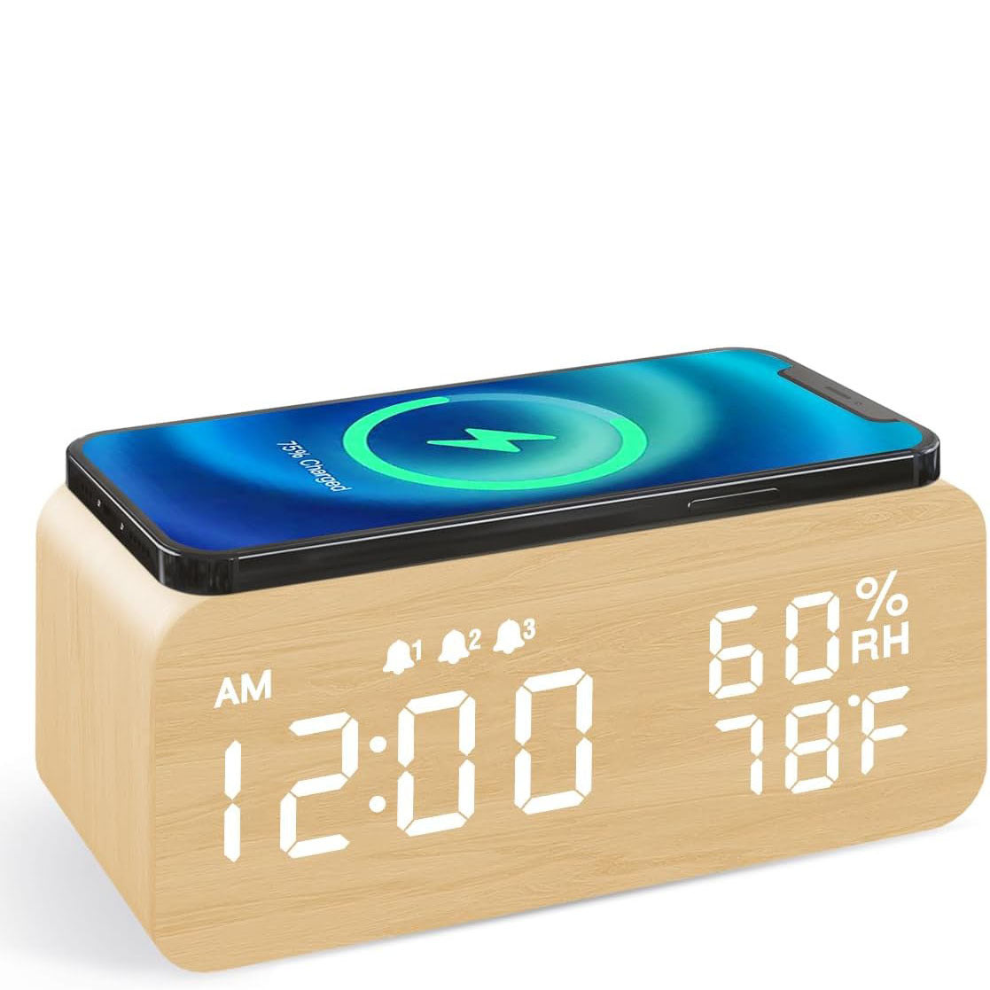 Wooden Digital Alarm Clock with Humidity Display